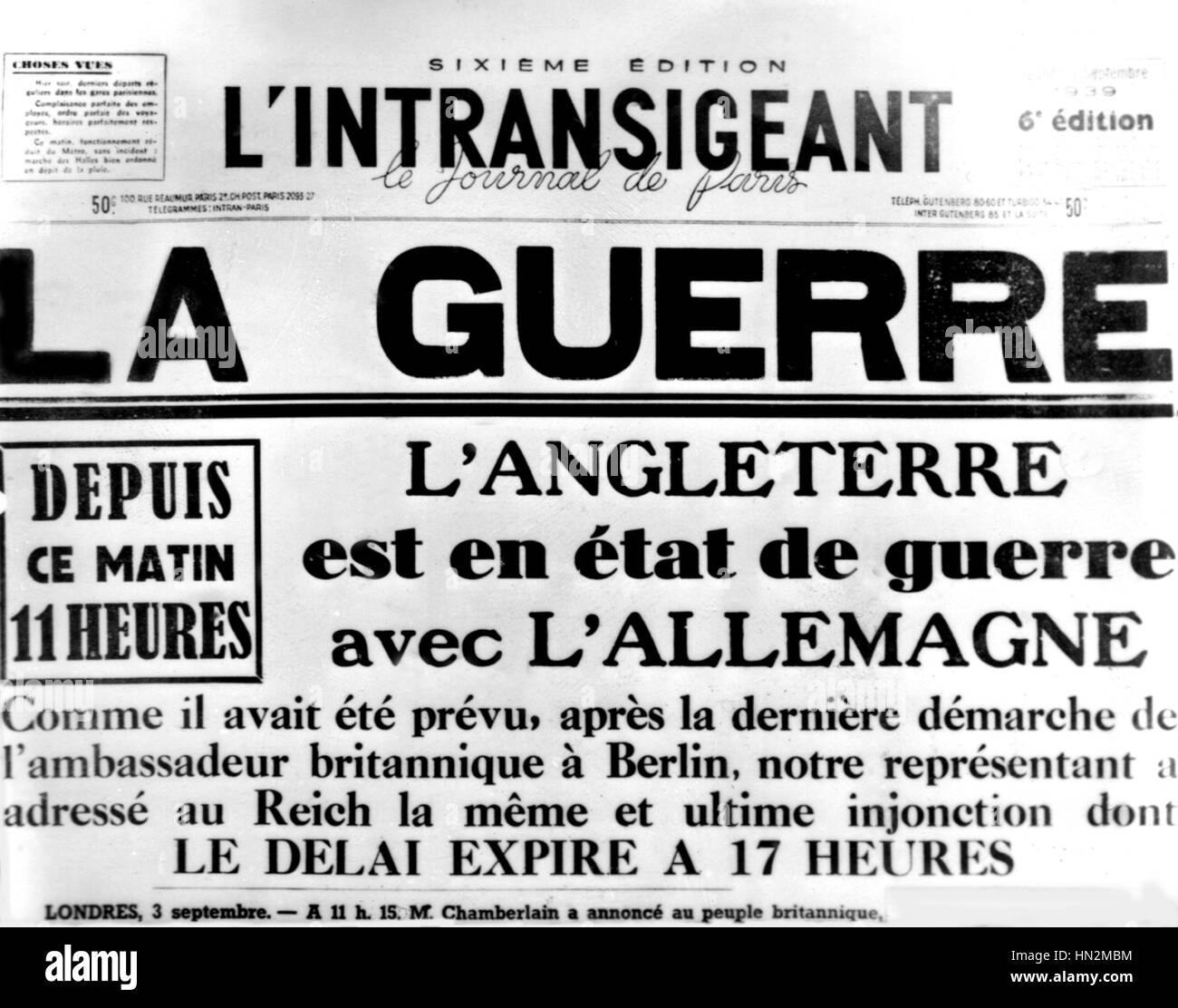 Front page of 'L'Intransigeant' newspaper announcing that England is entering the war 1939 France - World War II Stock Photo