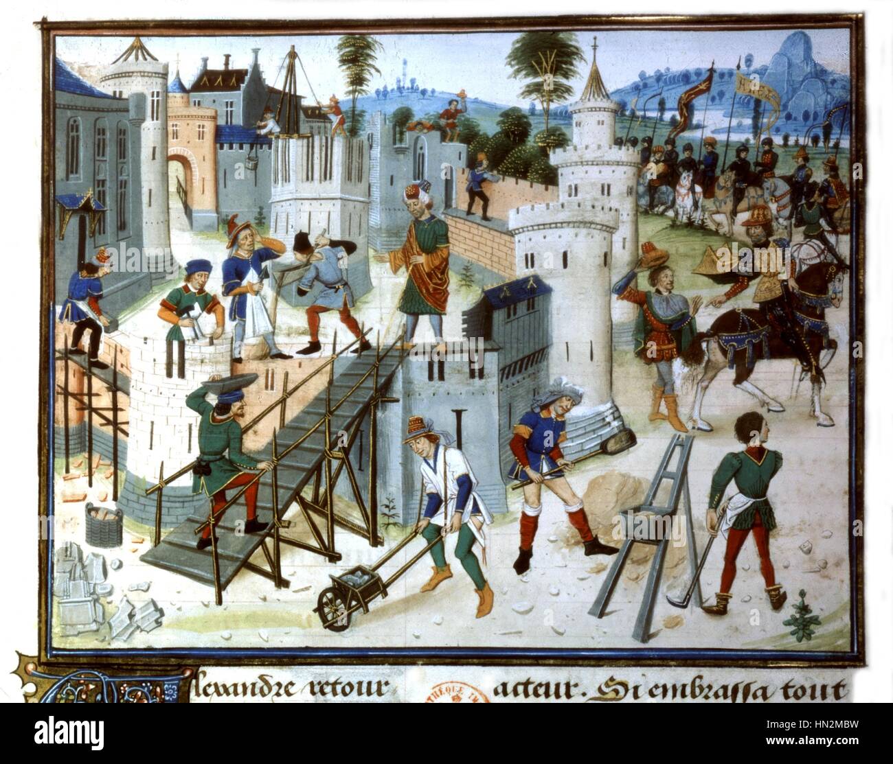 Miniature by Louis Liedet to illustrate 'The History of the Great Alexander' by Quinte Curce. The builders France 15th century Stock Photo