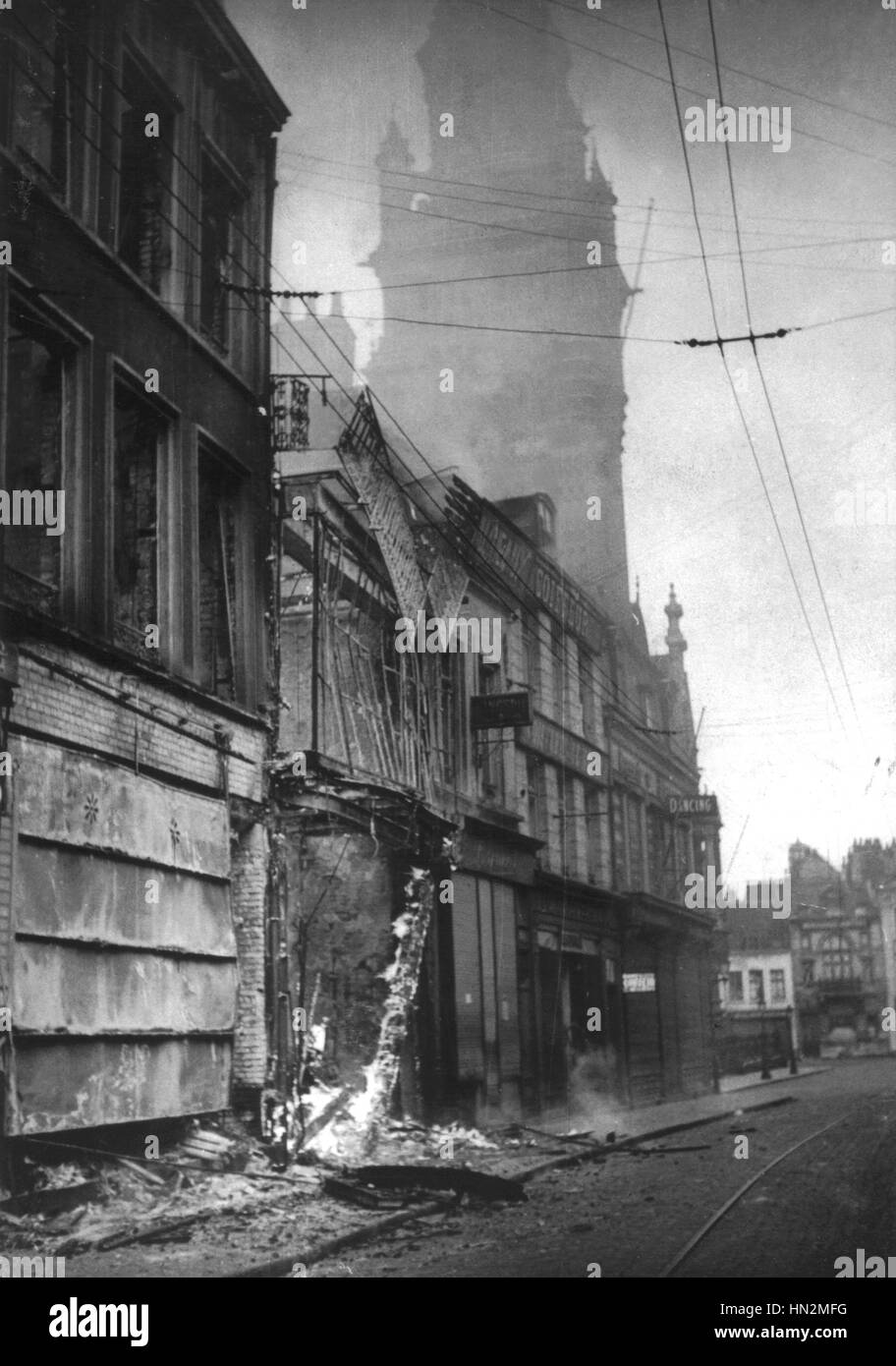 Store on fire in the streets of Dunkirk June 1940 France - World War II Washington. National archives Stock Photo