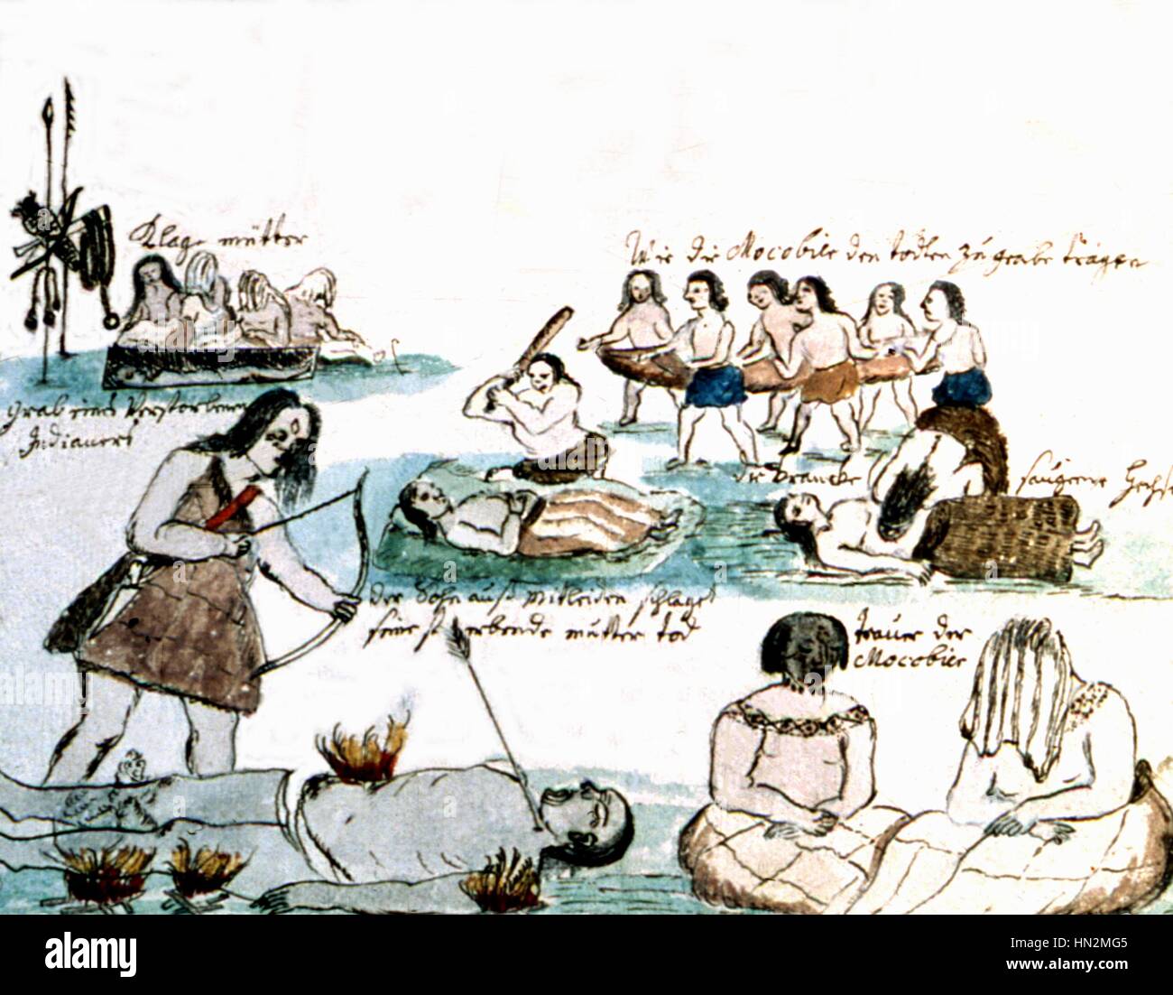 Illustration by Florian Baucke (1749-1767). Zwettler Codex. Life of Guarani Indians seen by a Jesuit father. Burial. Women crying. The bonesetter sucks a sick person. A child killing his father who was 'punishing' him. Death of the ennemy. Paraguay 18th c Stock Photo