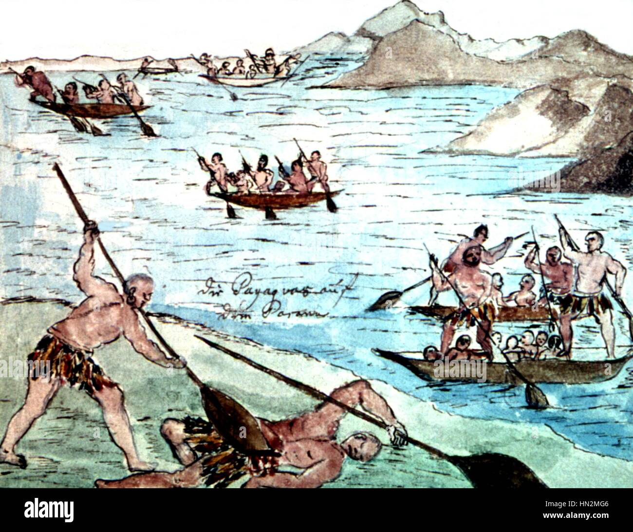 Illustration by Florian Baucke (1749-1767). Zwettler Codex. Life of Guarani Indians seen by a Jesuit father. Fishing the Parana. Paraguay 18th century Austria. Stifs Zwettl. library Stock Photo