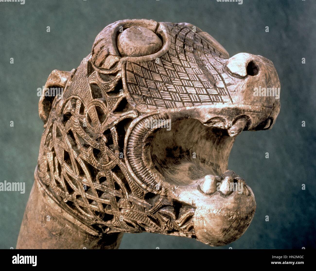 Pole with carved animal head found in the funerary treasure of Oseberg Viking art  Pole dated back 815-820 and discovered in 1905. Norway, University of Oslo Stock Photo