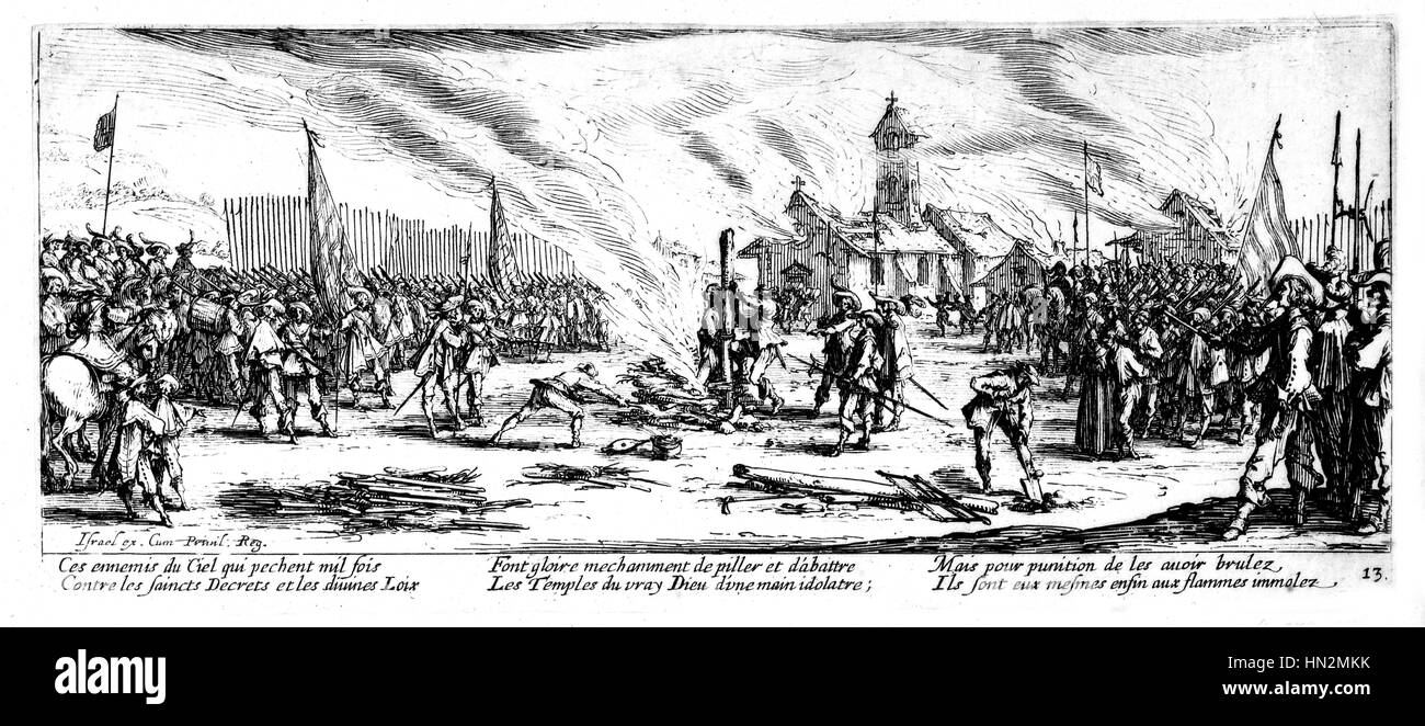 Engraving by Jacques Callot. 'Les Grandes Miseres de la guerre' (The Miseries and Misfortunes of War). Plate 13: le bucher (burning at the stake) Etching published in 1633 Plate located at the Musee Lorrain in Nancy (France) Stock Photo