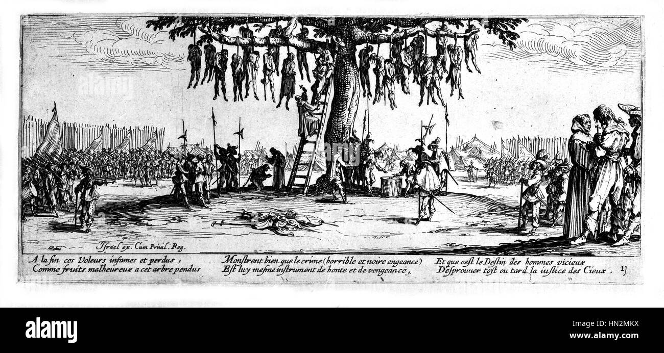 Engraving by Jacques Callot. 'Les Grandes Miseres de la guerre' (The Miseries and Misfortunes of War). Plate 11: la pendaison (hanging) Etching published in 1633 Plate located at the Musee Lorrain in Nancy (France) Stock Photo