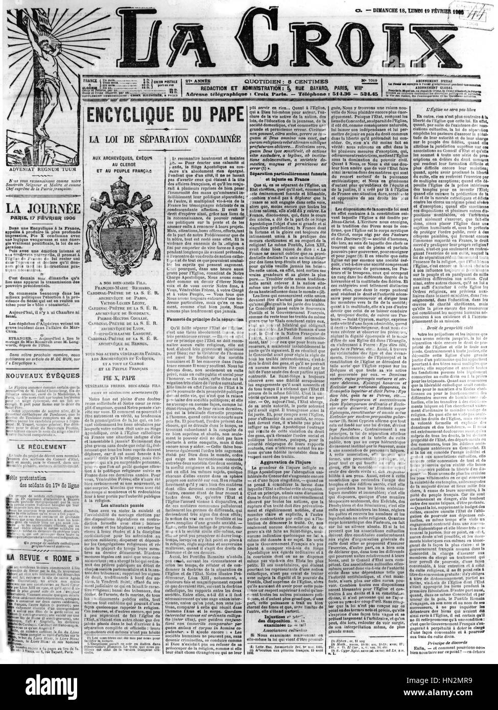 France Separation of church and state  The Pope's encyclical reproduced on the front page of 'La Croix' newspaper.  February, 1906 Stock Photo