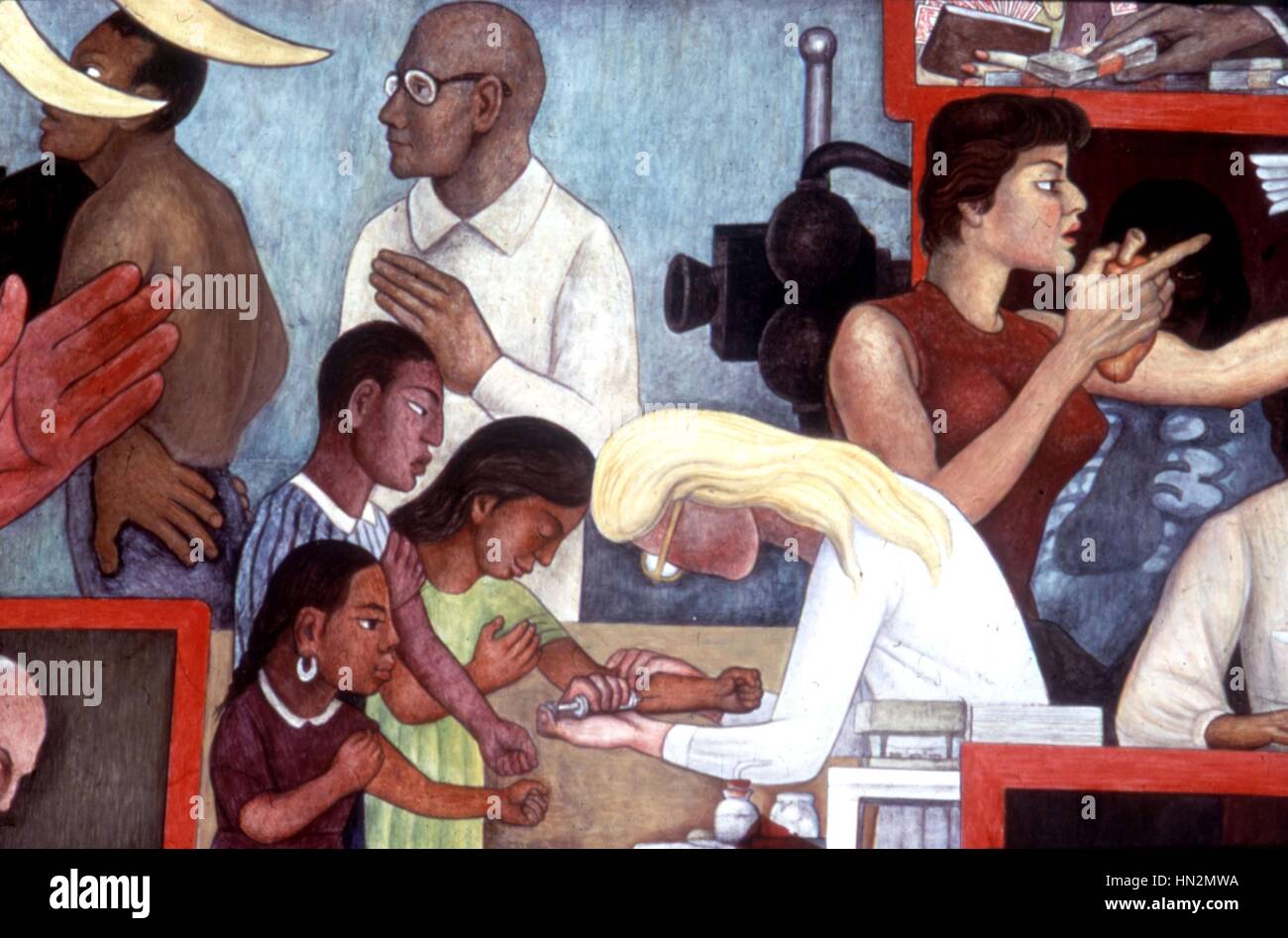 Diego Rivera (1886-1957) Fresco of the ministry of Social Security Aztec medicine and modern medicine Detail: Inoculation 1925-1927 Mexico Lamarche Photograph Stock Photo