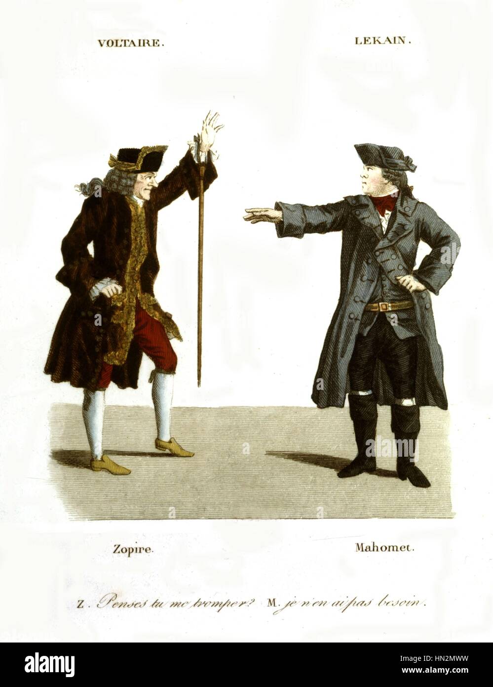 Colored engraving after Foesch and Whirsker. Voltaire playing the part of Zopir, and Lekain playing the part of Muhammad 1820 France Paris. Bibliotheque nationale Stock Photo