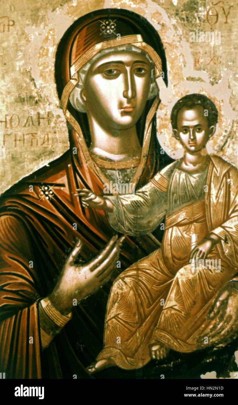 Theotokos Hodigitria Madonna with Child 16th century Byzantine art Athens, Byzantine Museum Stock Photo