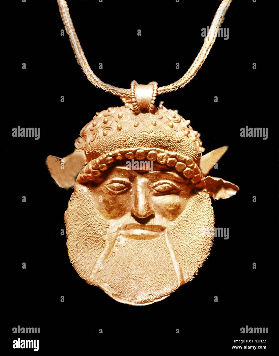 Golden Etruscan pendant representing Achelous, Greek River God 5th century BC Etruscan art Paris, musee du Louvre Stock Photo