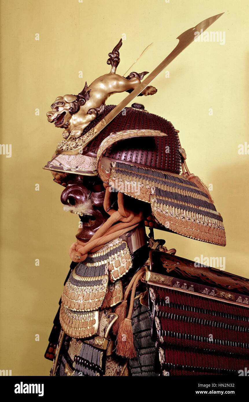 Helmet from a complex armour presented by the prince Chichiou in the Magdalen college of Oxford in 1937 16th century, Japan Private collection Stock Photo