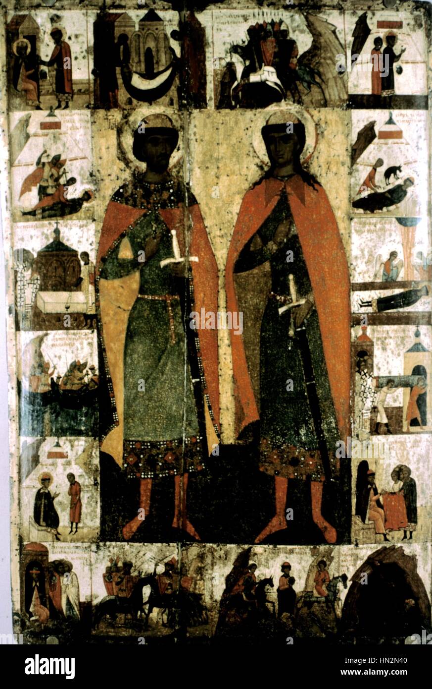 Russian icon St. Boris and St. Gleb 14th century Moscow, Tretiakov gallery Stock Photo