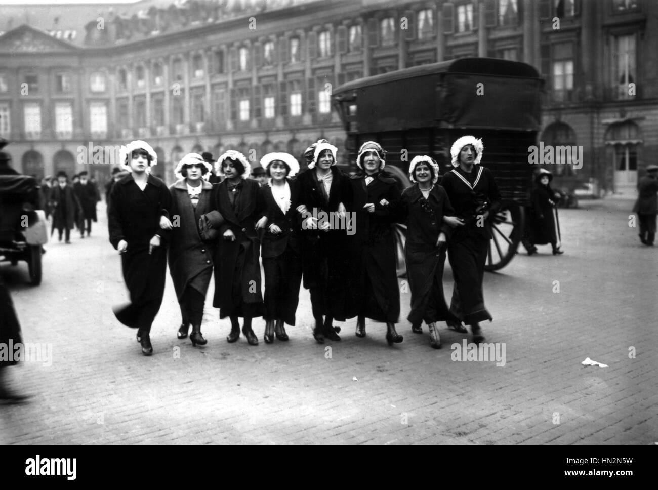 Catherinettes' on the street (25-year-old-women still unmarried by the Feast of St. Catherine), 1913 France November 25, 1913 Stock Photo