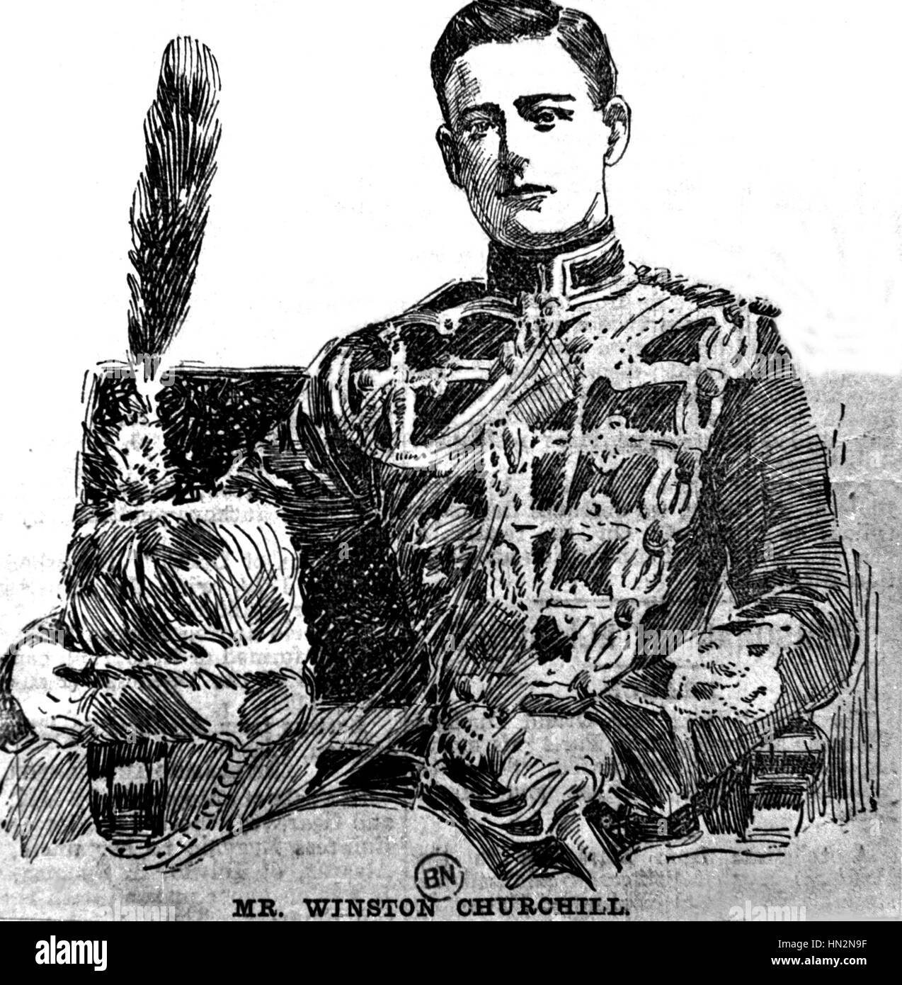 Winston Churchill as a young man wearingthe uniform of second lieutenant in the 4th Queen's Own Hussars. February 1895 Engraving after a photograph Stock Photo