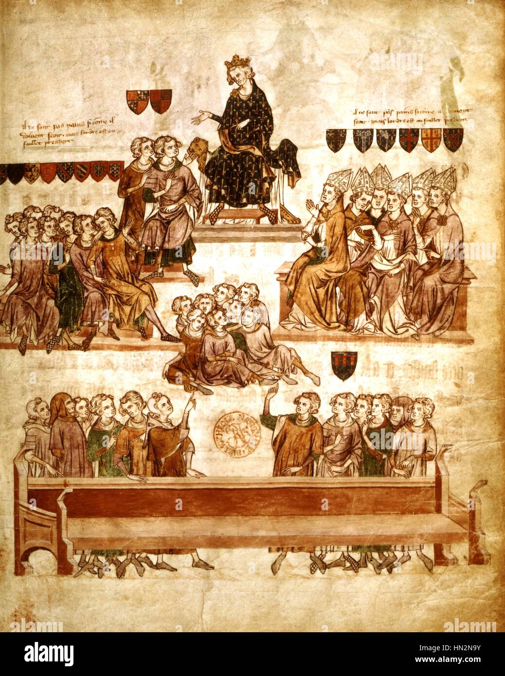 Philip IV 'le Bel' (the Fair) presiding over a Parliament session (from the acts of Robert of Artois' trial in 1330) 14th century France Paris. Bibliotheque nationale Stock Photo