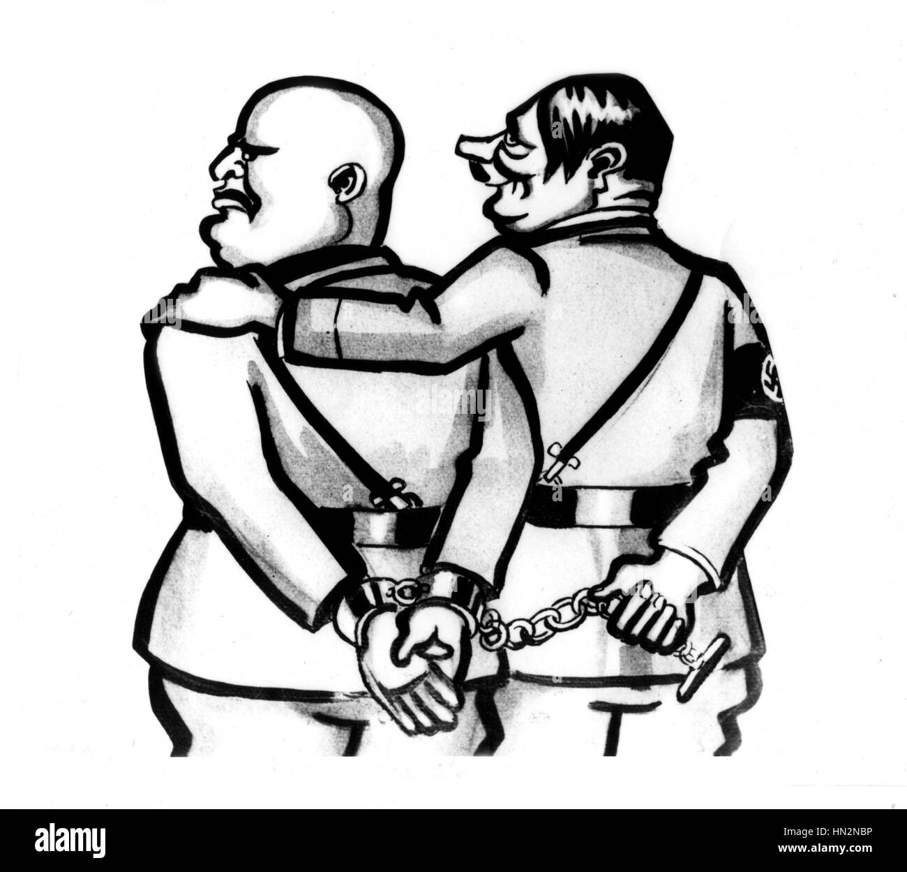 Satirical cartoon: Mussolini prisoner of Hitler 1935-1939 Washington. Library of Congress Stock Photo