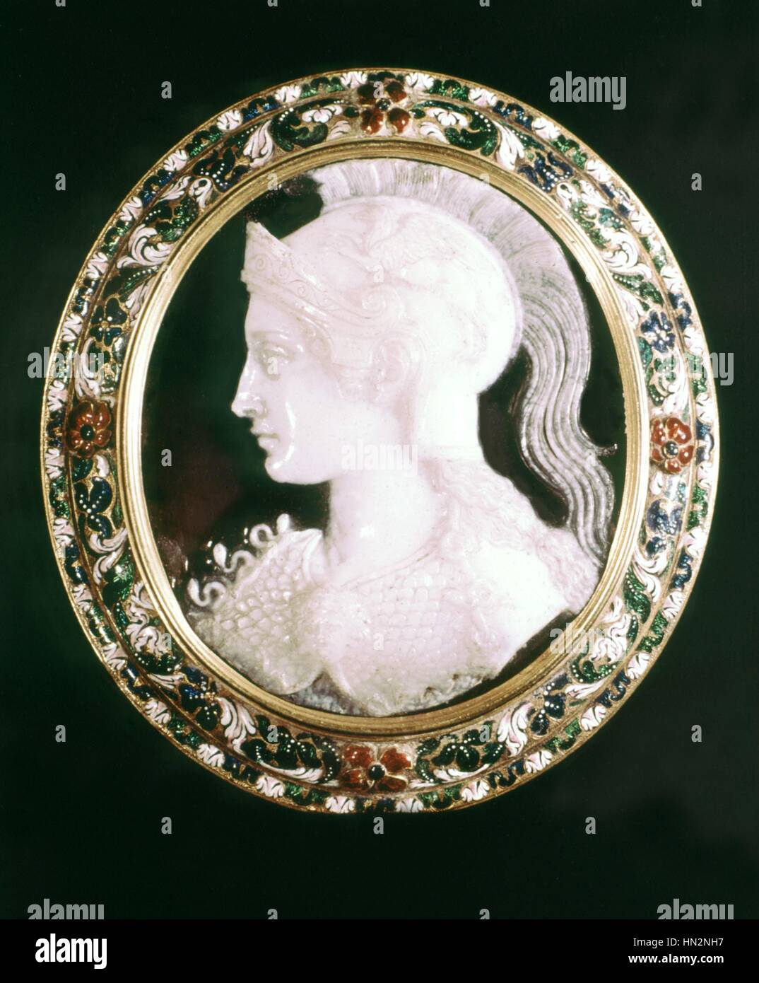 Ancient cameo with Minerve wearing a helmet Enamelled gold setting, 18th century Ancient Rome Stock Photo