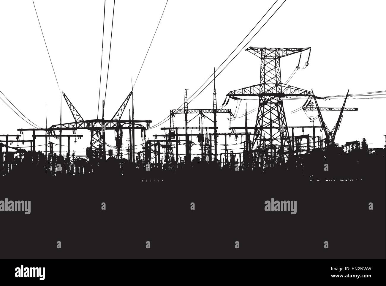Black-and-white Vector Illustration With Electric Towers Isolated on White Background Stock Vector