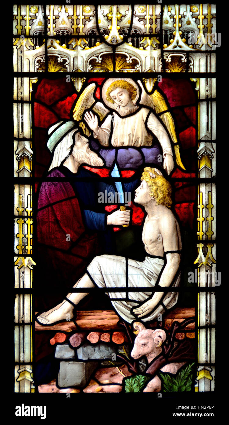 Faversham, Kent, England. St Mary of Charity parish church. Stained glass window: Angel stops Abraham from sacrificing his son, Isaac Stock Photo