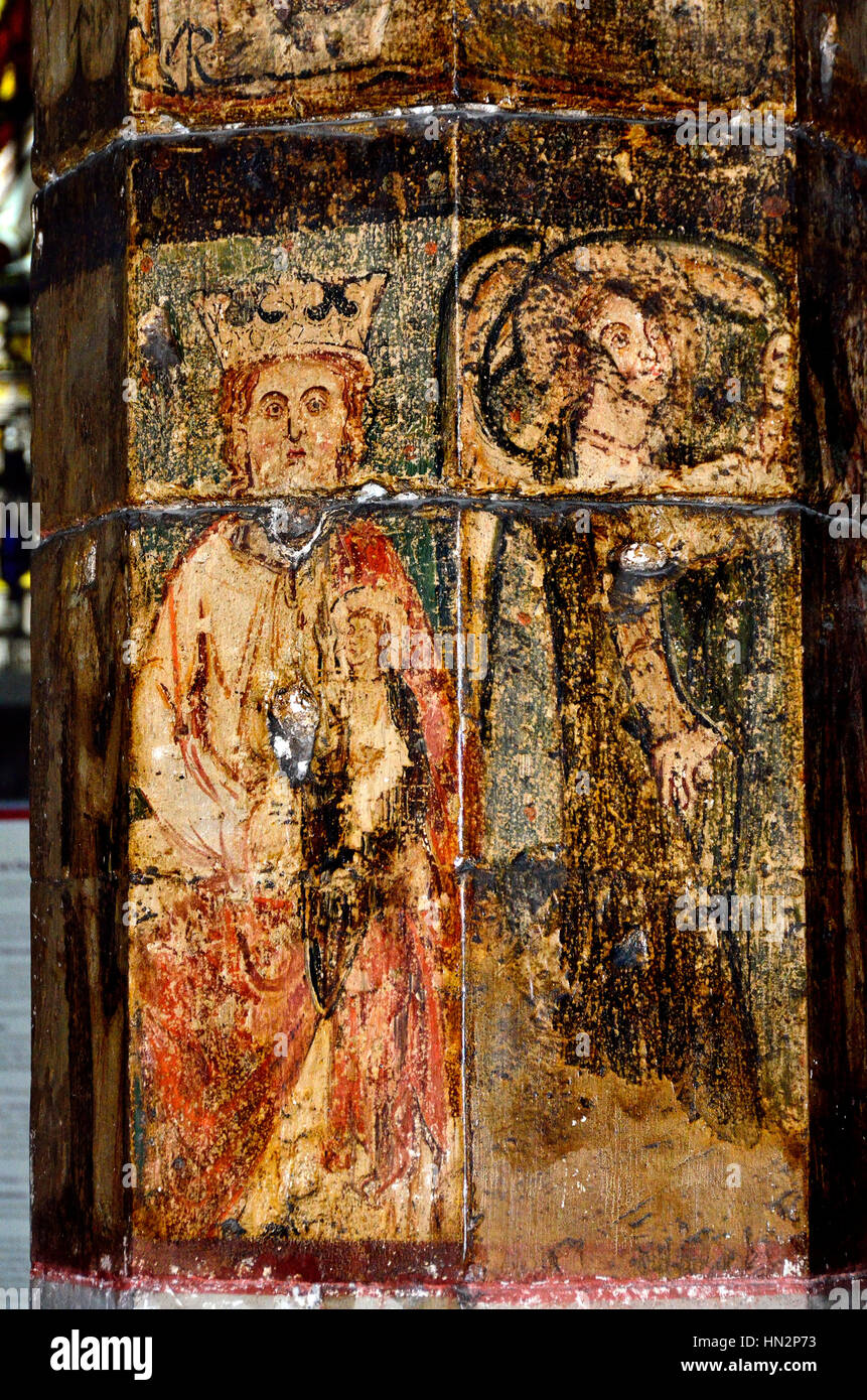 Faversham, Kent, England. St Mary of Charity parish church. Painted column (c1306) depicting scenes in the life of Jesus Stock Photo