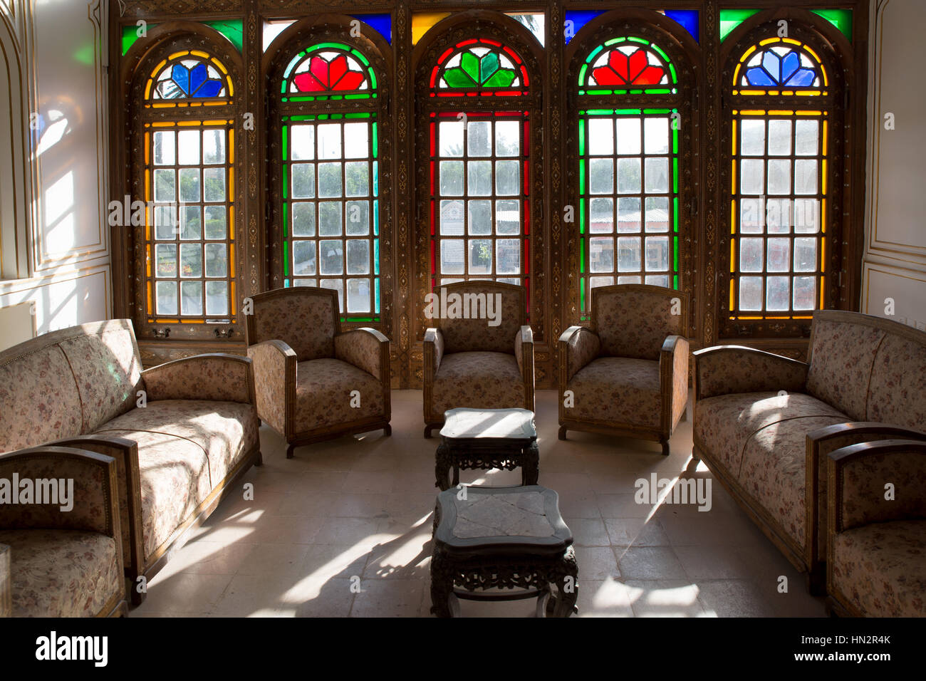 Stained glass windows at Qavam House (Narenjestan e Ghavam), Shiraz, Iran Stock Photo