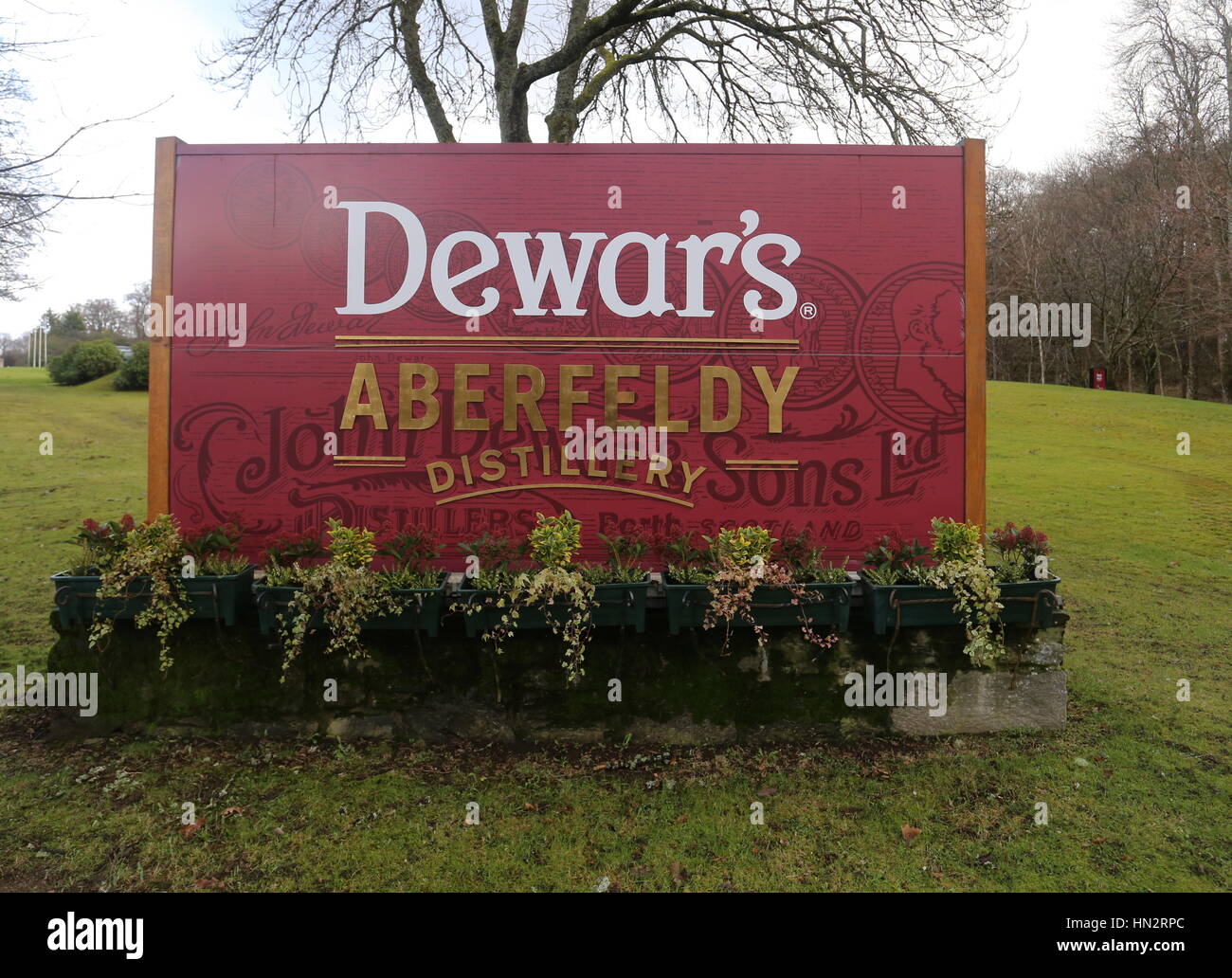 Sign for Dewars World of Whisky Aberfeldy Perthshire Scotland  February 2017 Stock Photo