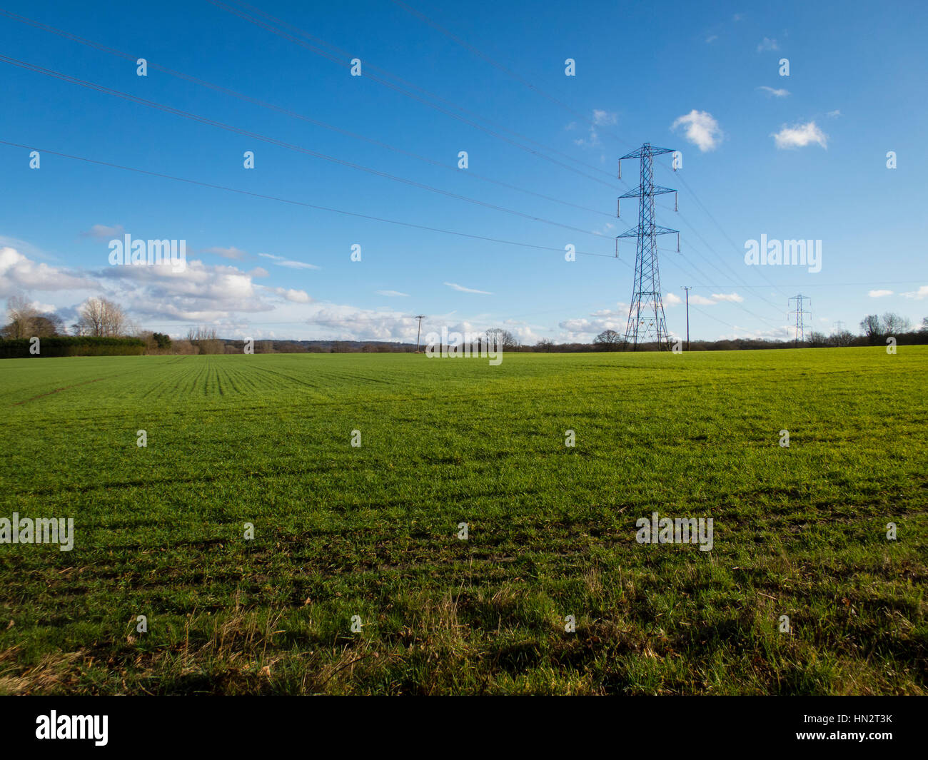 Pylon in green field against a blue sky Stock Photo