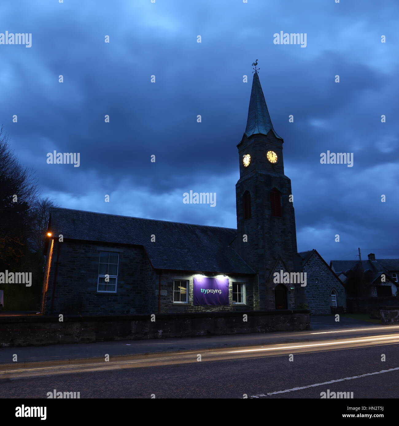 Aberfeldy Parish Church at dusk Aberfeldy Perthshire Scotland February 2017 Stock Photo