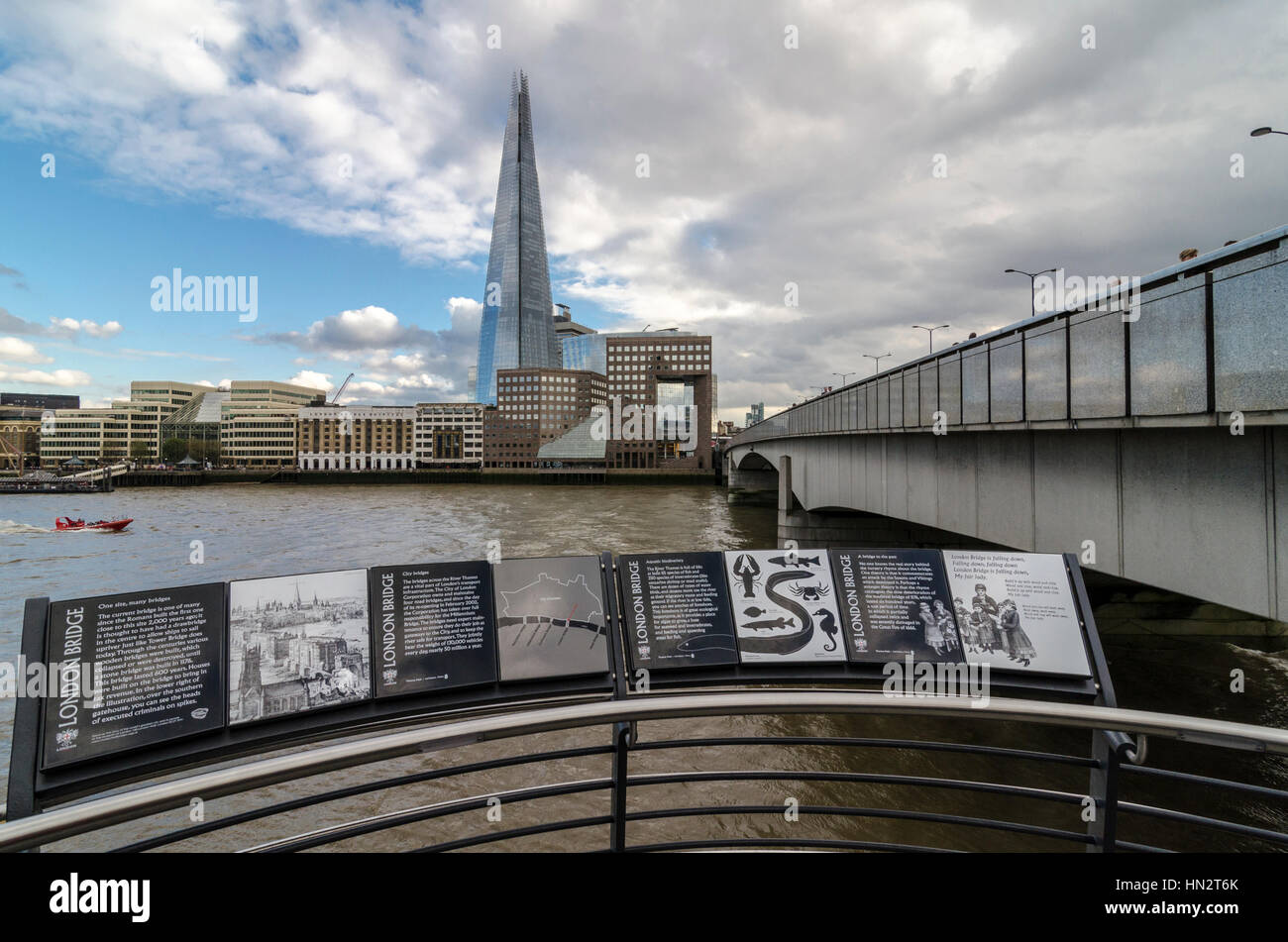 Information boards on the new steps from London Bridge to the Thames Path, London, UK Stock Photo