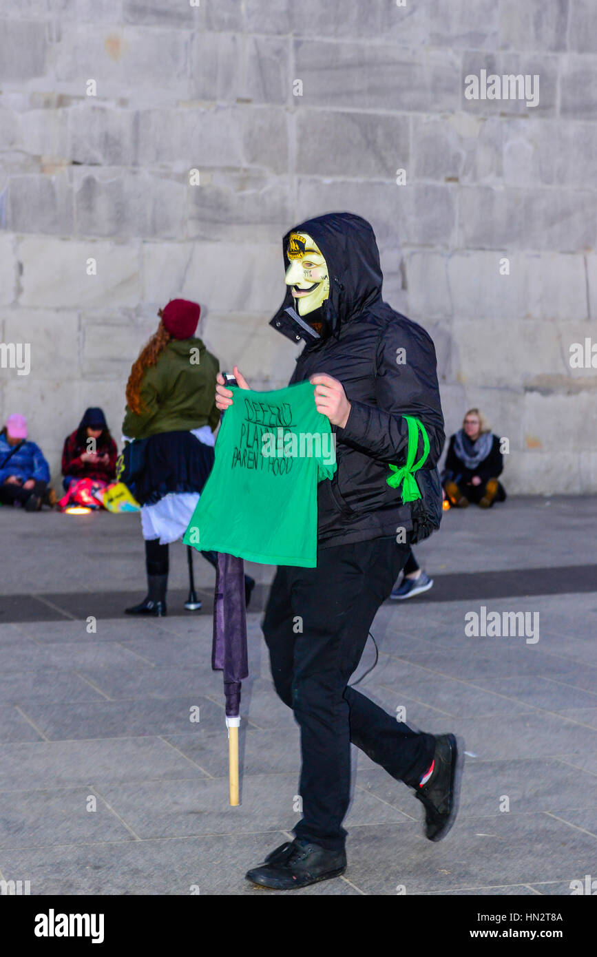 Protestor wearing Guy Fawkes mask carries sign reading Defend Planned Parenthood in the Women's March on Washington, DC on January 21, 2017 Stock Photo