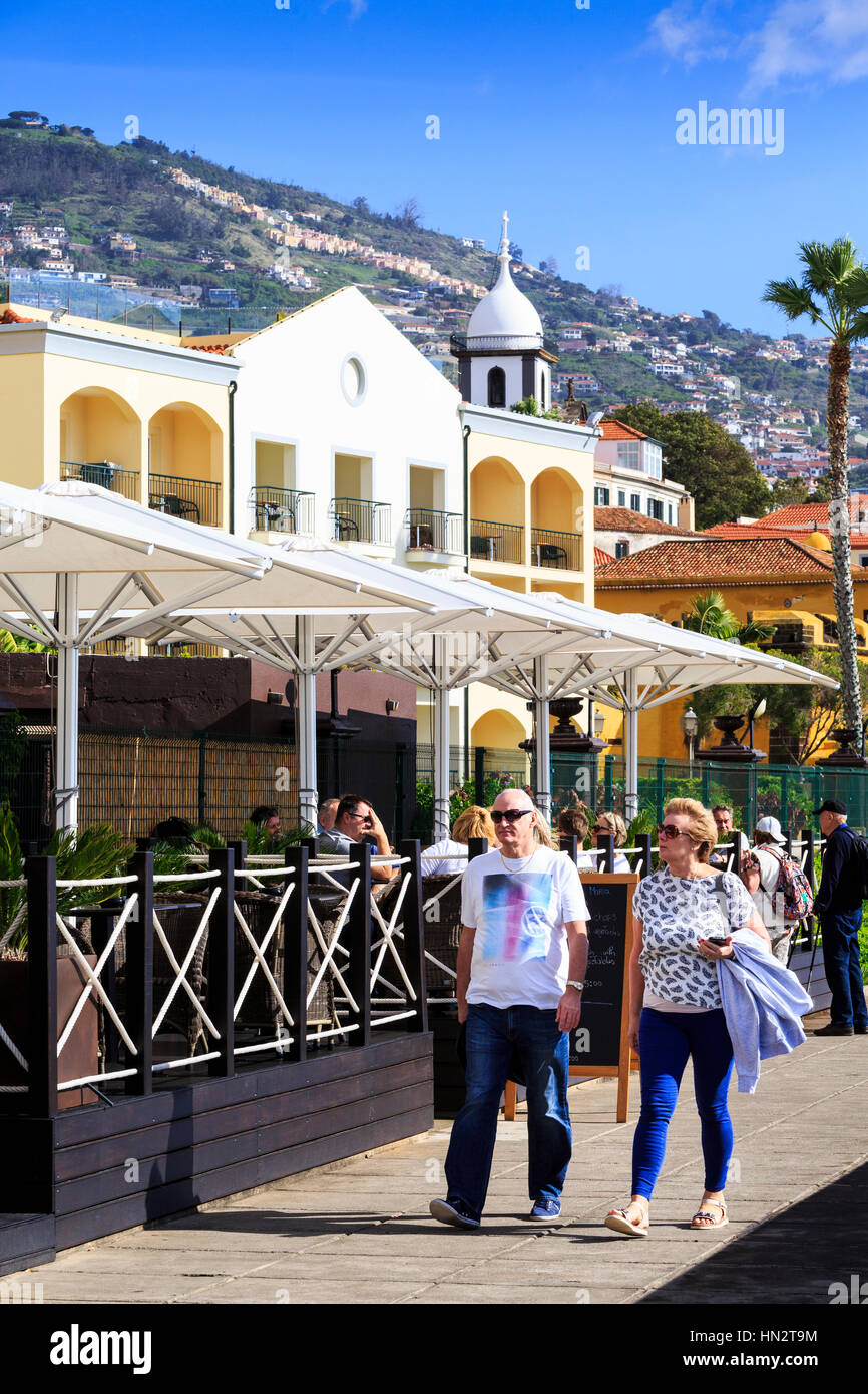 sea front promenade cafe, Funchal, Madeira Stock Photo