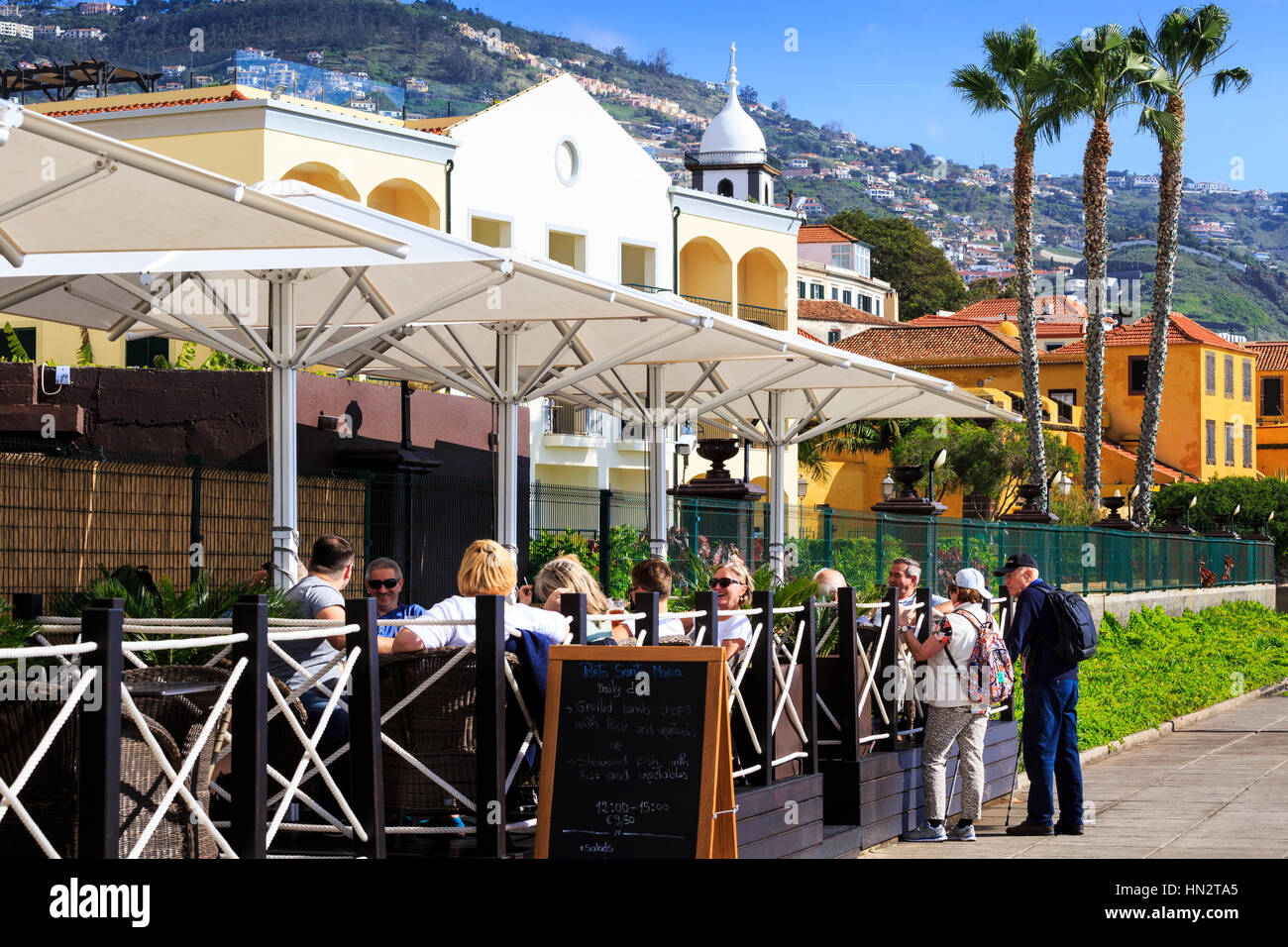 sea front promenade cafe, Funchal, Madeira Stock Photo