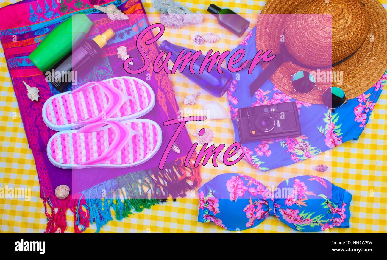 Beach Time Summer Travel Kit featuring sleepers, bikini, radio, sun