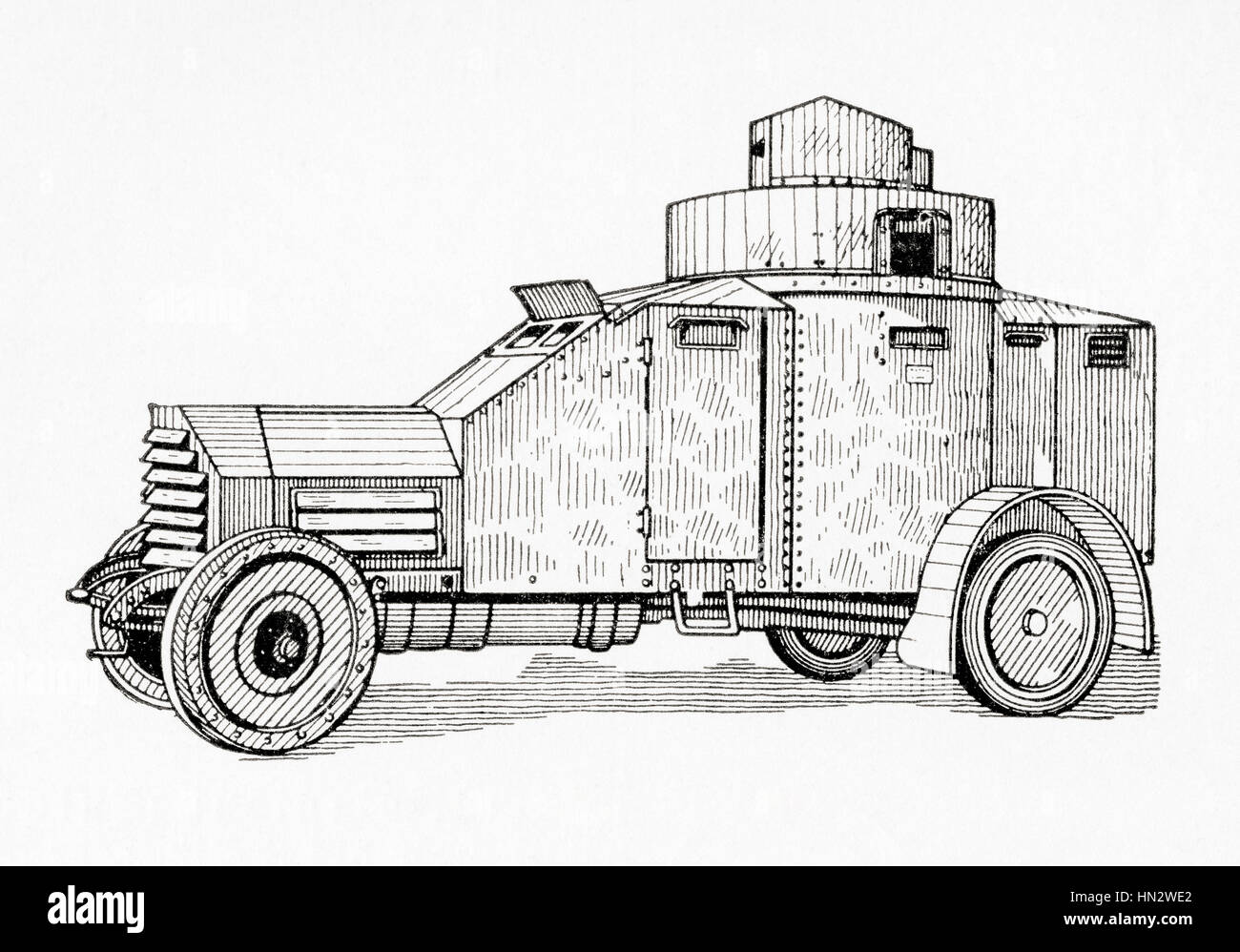 An early 20th century military armored car.  From Meyers Lexicon, published 1927. Stock Photo