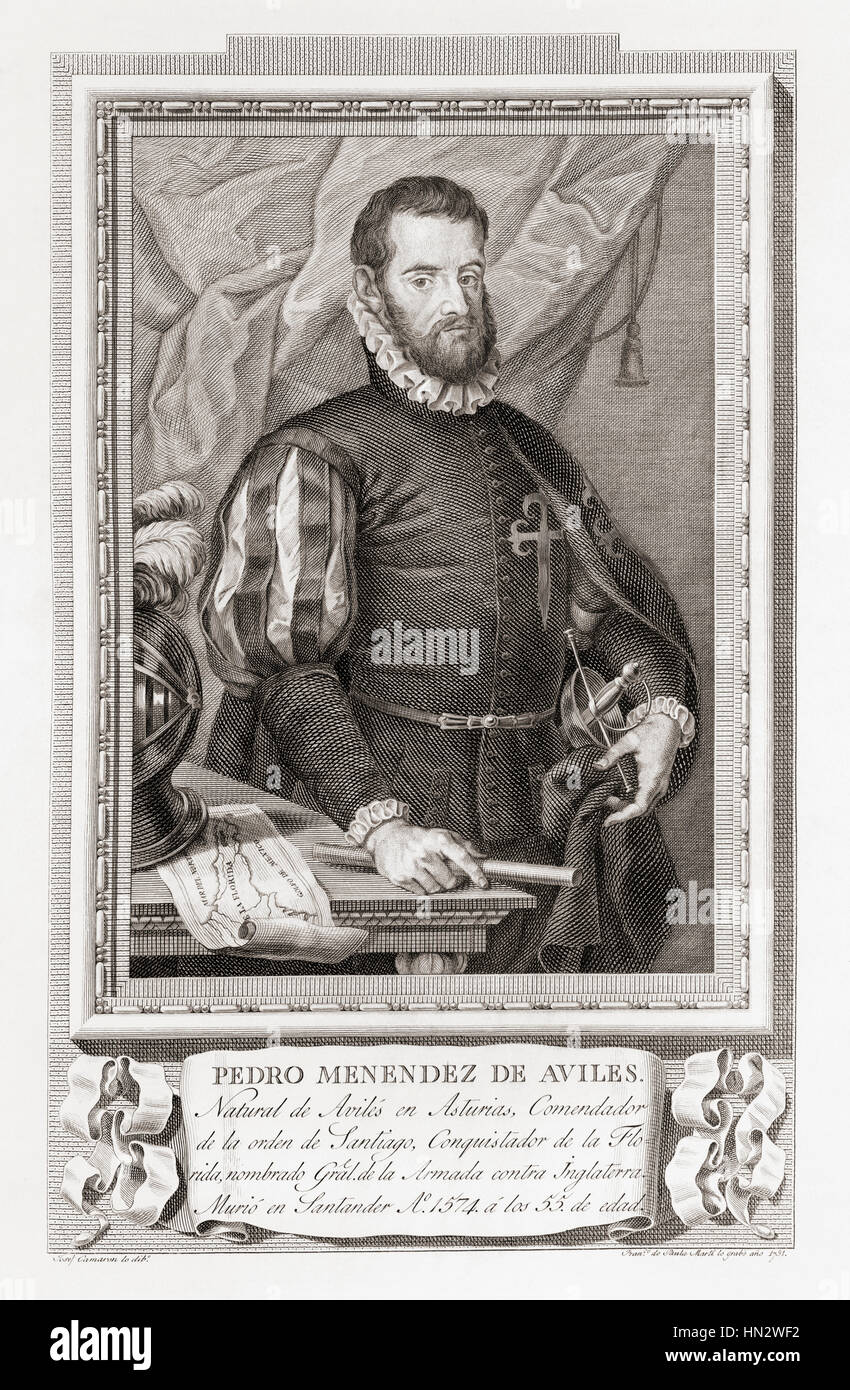 Pedro Menéndez de Avilés, 1519 – 1574.  Spanish admiral and explorer. After an etching in Retratos de Los Españoles Ilustres, published Madrid, 1791 Stock Photo