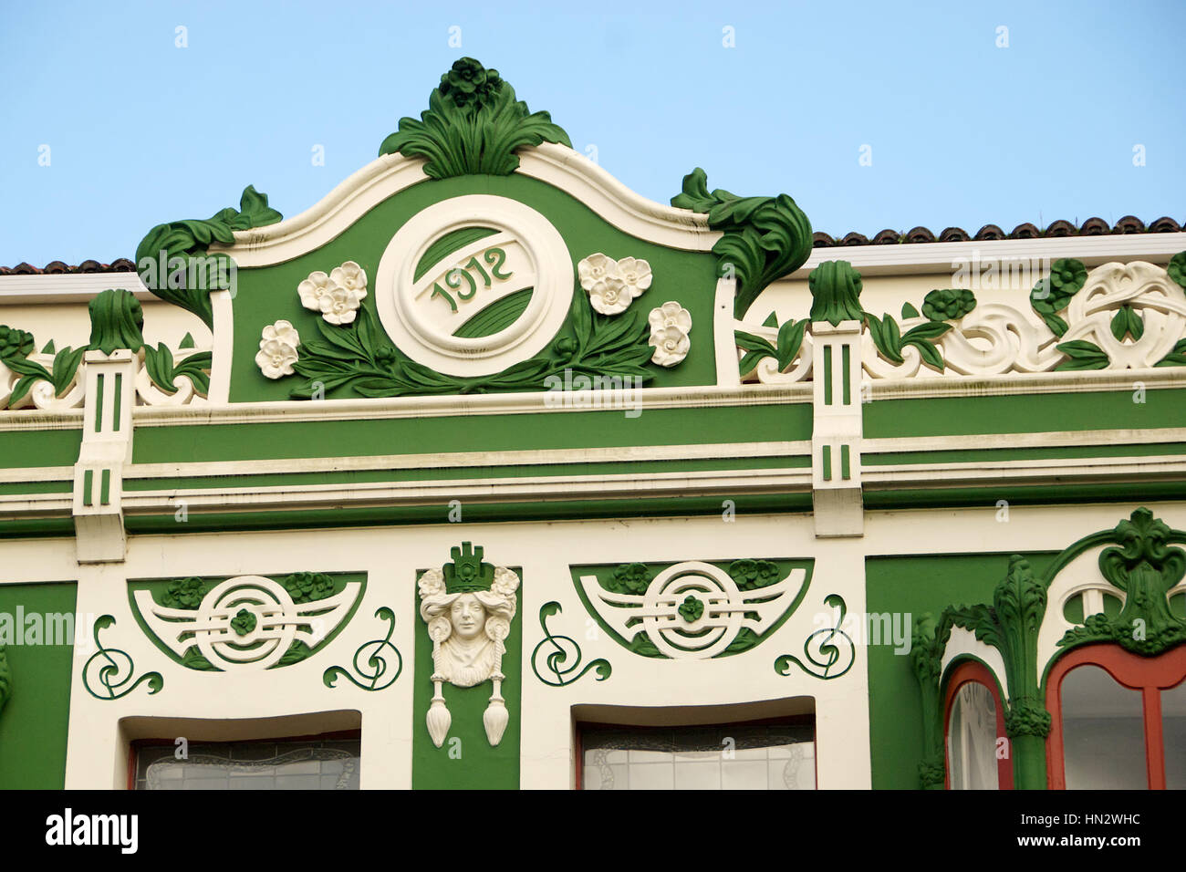 Colouful 1912 building in Cambre, A Coruna province, Galicia, Spain. Stock Photo