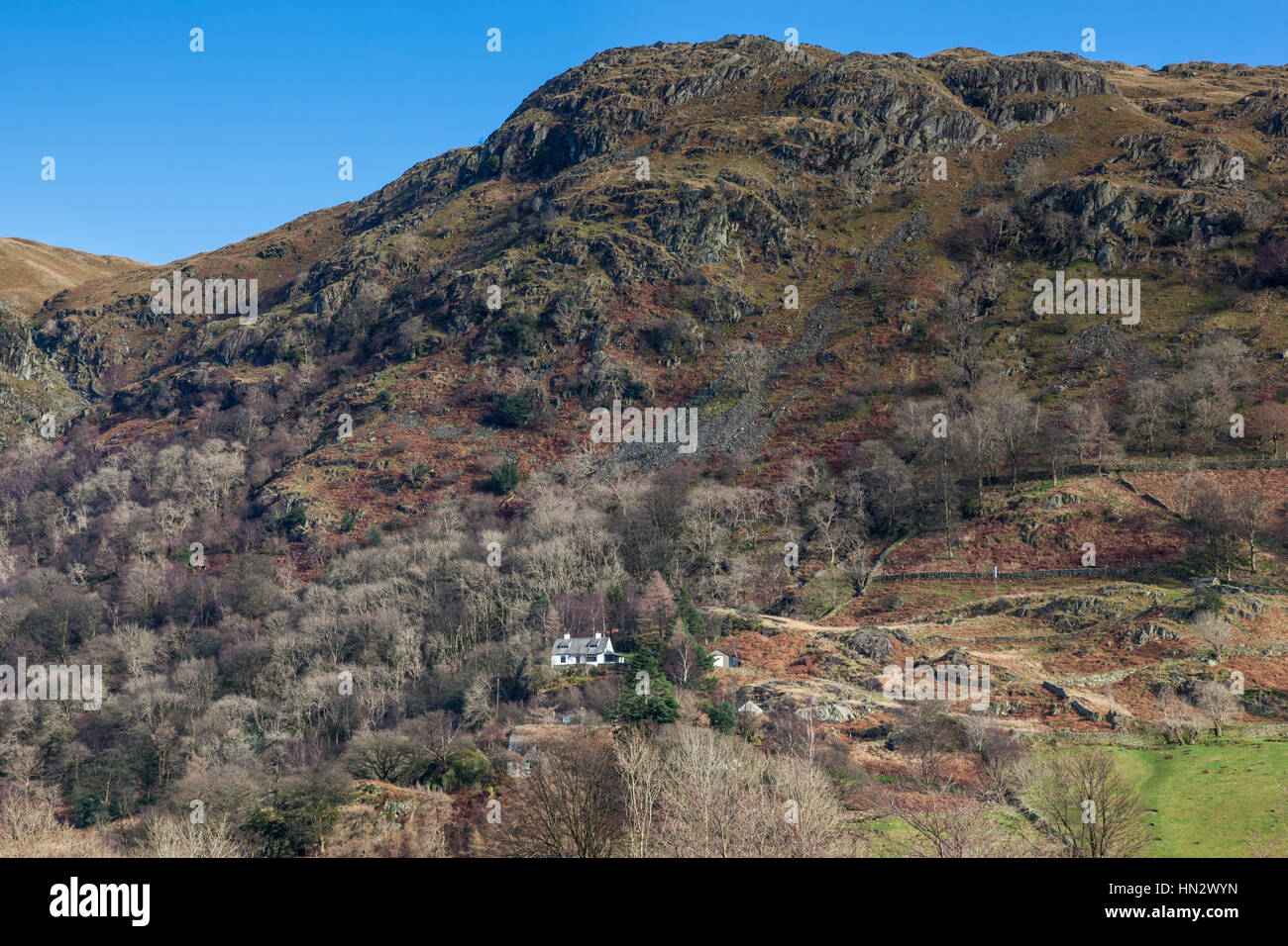 Cottage beneath Brock Crags, Brothers Water, Patterdale, Lake District, Cumbria Stock Photo