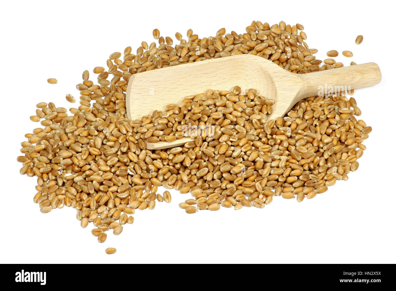 wooden spoon with wheat grains isolated on white background Stock Photo