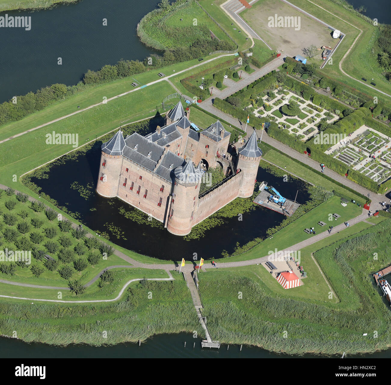 Aerial image of the Muiderslot Castle about 15 km southeast of Amsterdam in what was known as the Zuiderzee. Stock Photo