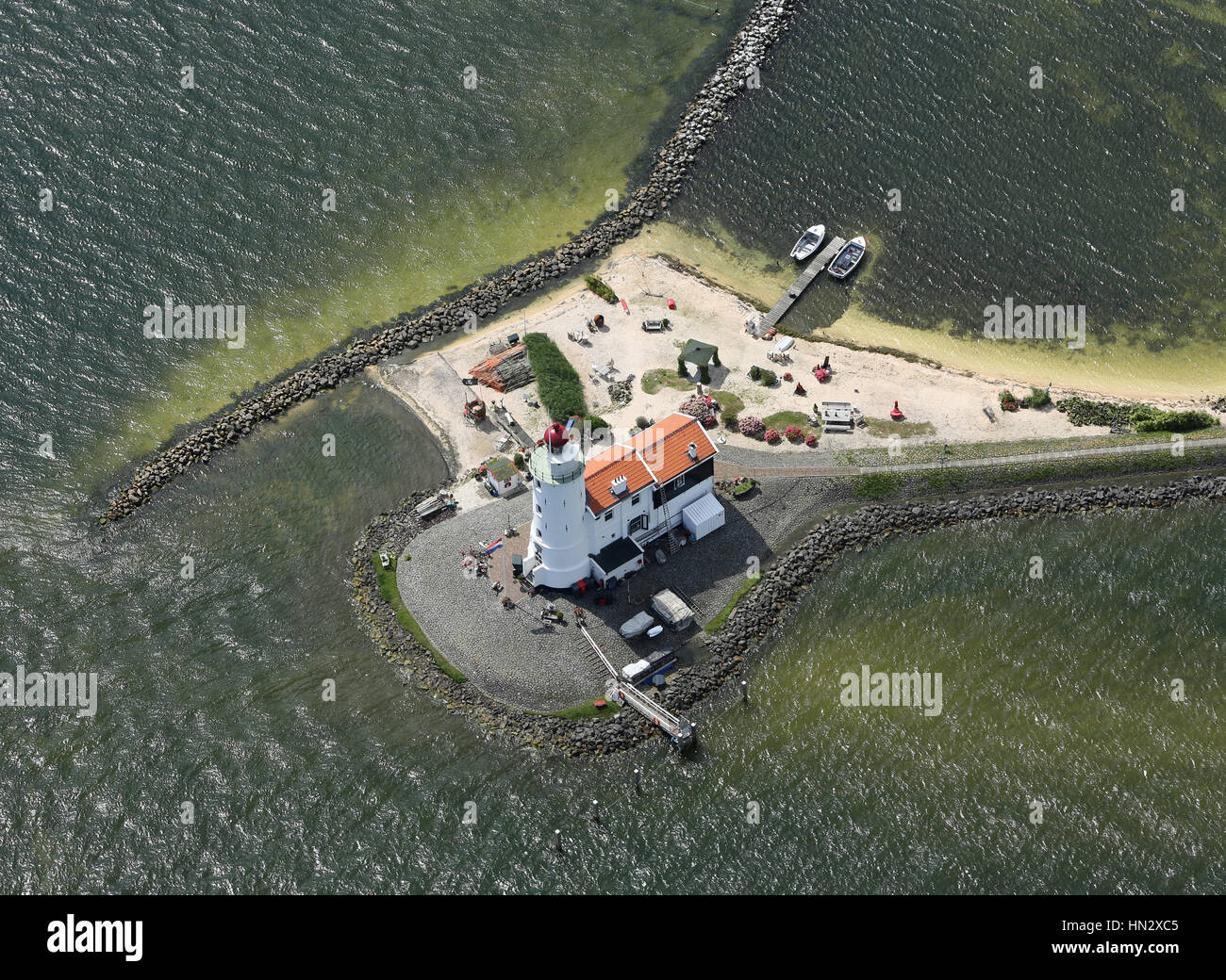 Aerial view of the stunning lighthouse, an outstanding feature on the Marken Peninsula in Holland Stock Photo