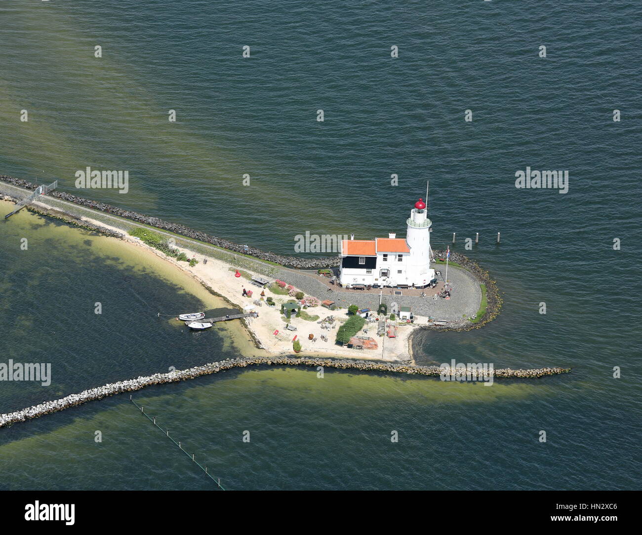 Aerial view of the stunning lighthouse, an outstanding feature on the Marken Peninsula in Holland Stock Photo