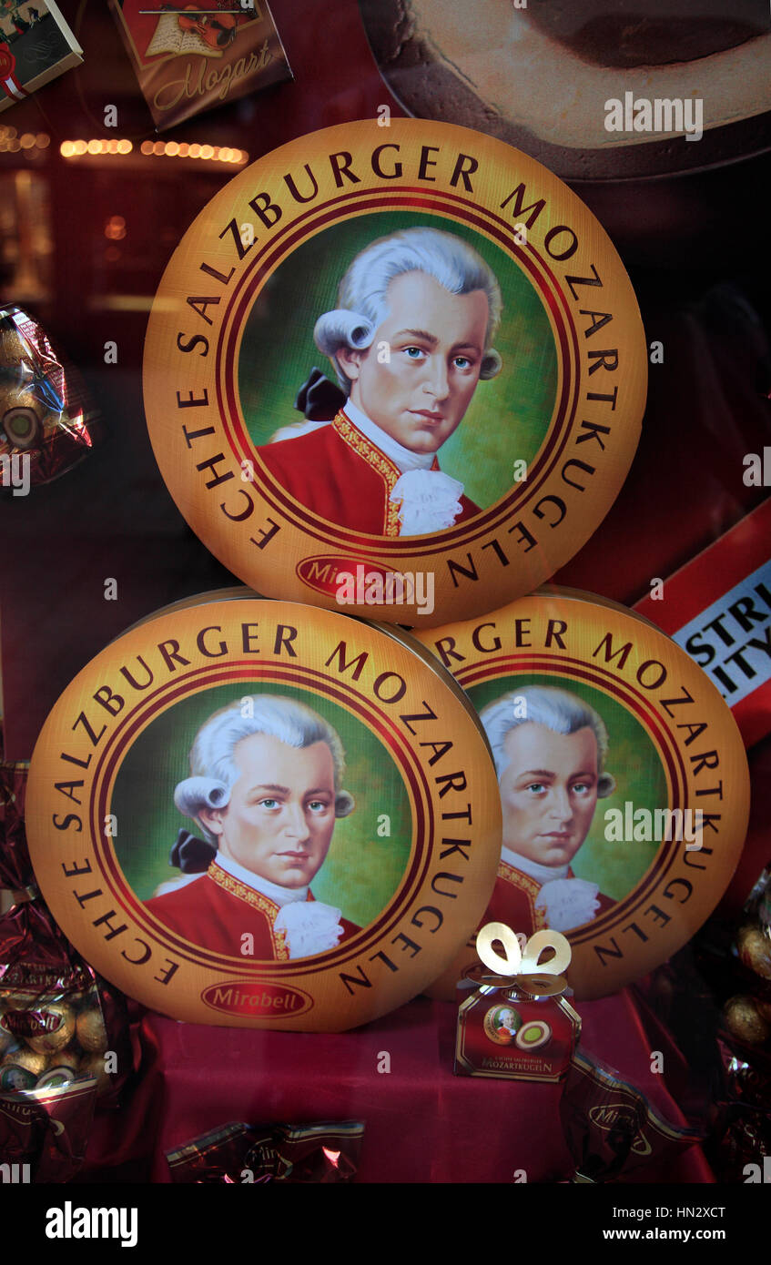 Souvenirshop with Mozartkugeln, Mozart Balls from Chocolade, Austria, Europe Stock Photo