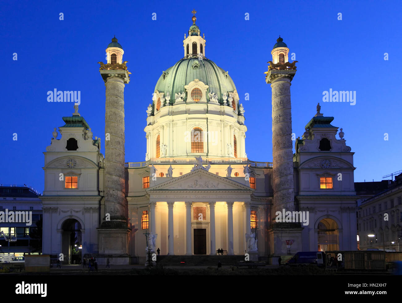 Karlskirche, St. Charles church in the evening, Karlsplatz, Vienna, Austria, Europe Stock Photo