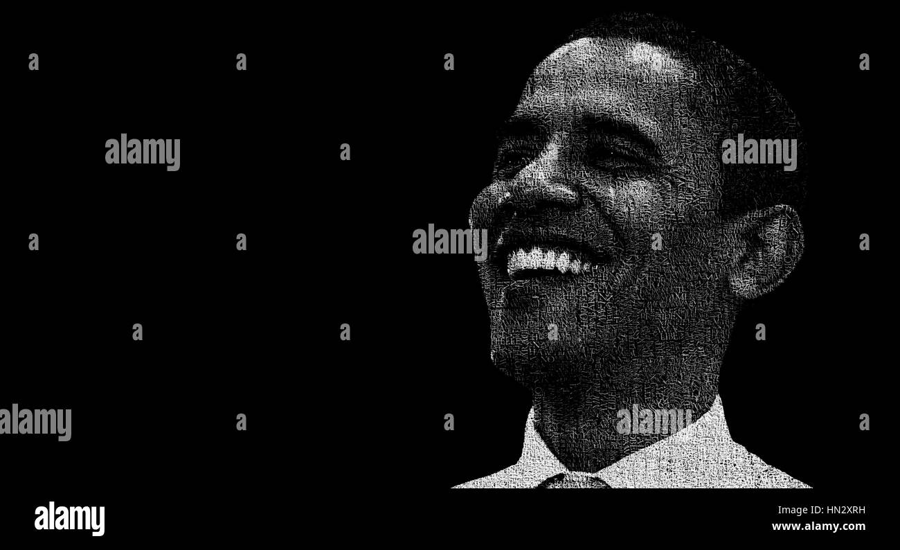 Illustration featuring US former president Barack Obama made with words often used during his speeches. Stock Photo