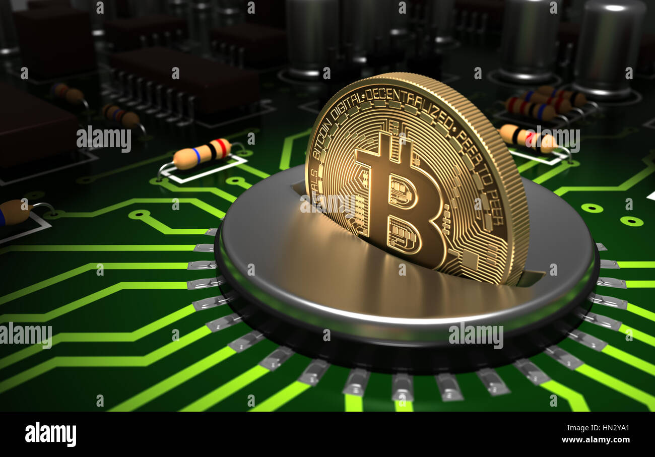Putting Bitcoin Into Coin Slot On Motherboard Stock Photo