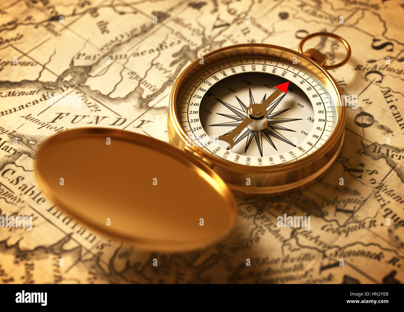 Golden Compass On Old Map Stock Photo