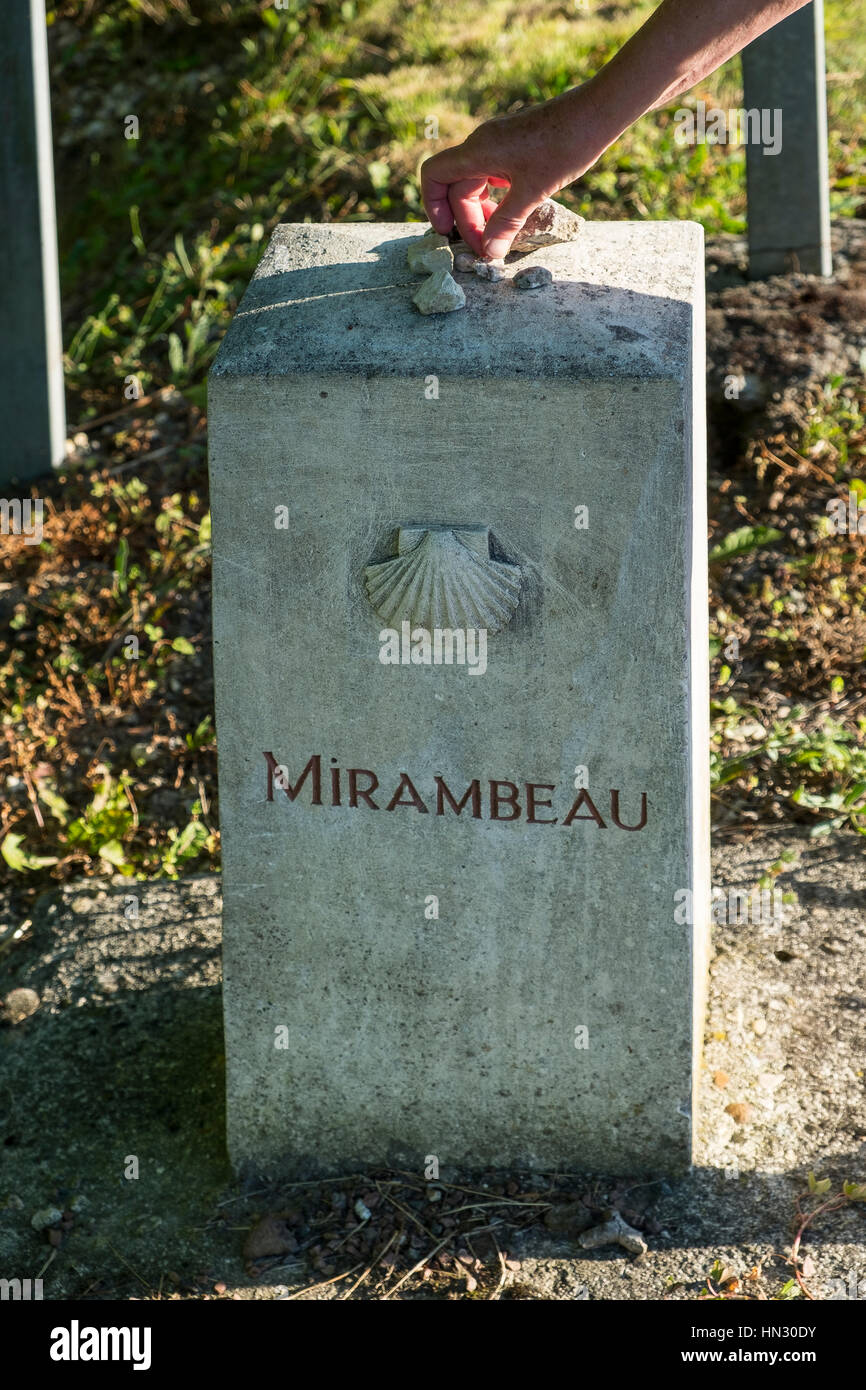 pilgrim, marker, pilgrimage, symbol, way, james, sign, shell, travel, route, track, direction, arrow, compostela, walk, scallop, saint, trekking, trad Stock Photo