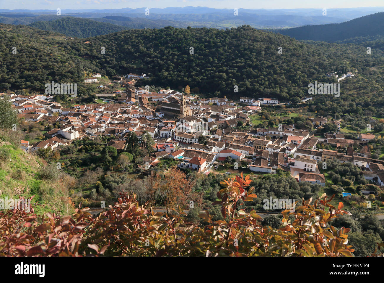 Aerial view over the village Alájar, Huelva province, Andalucía, Spain Stock Photo