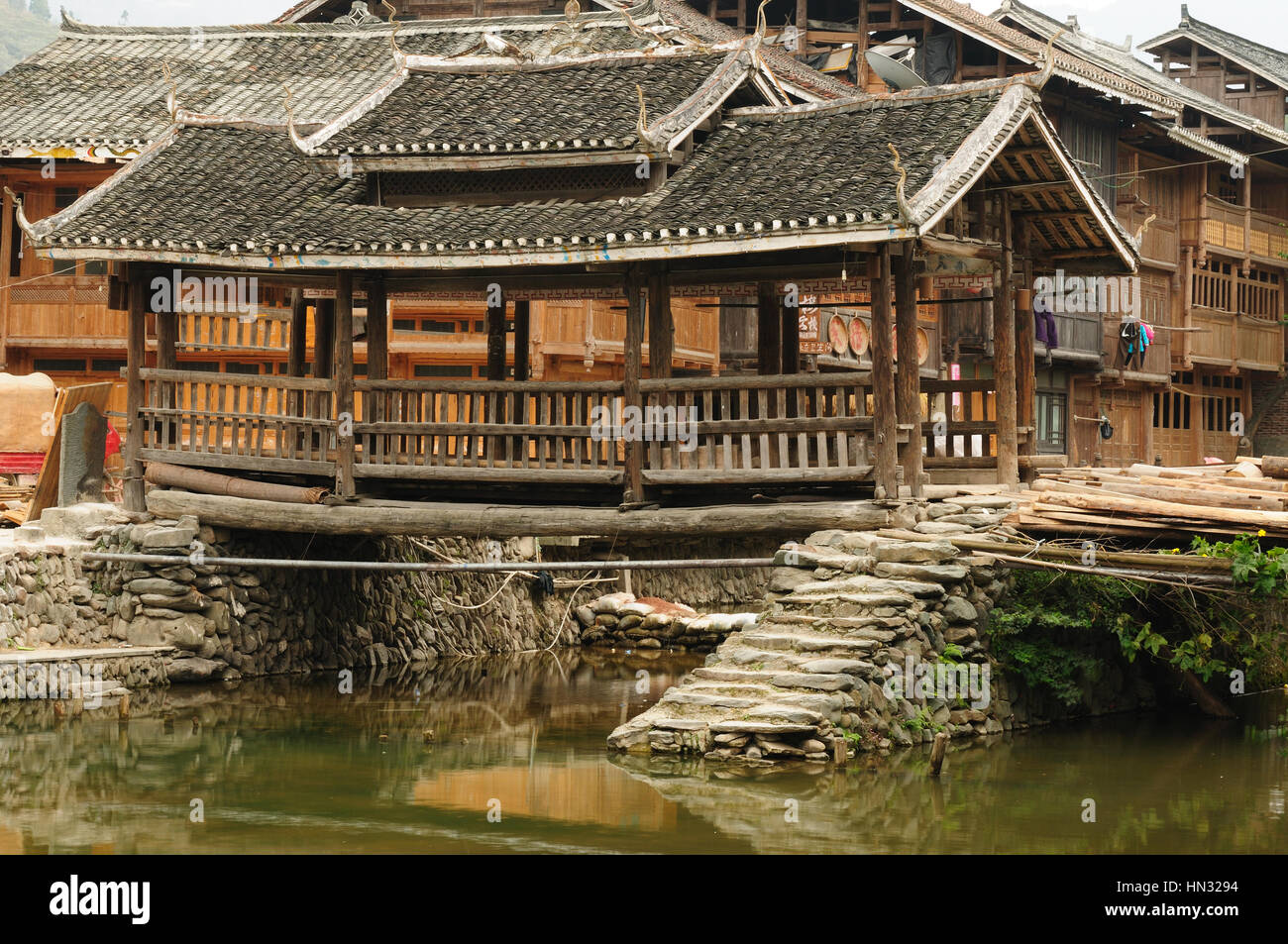 Zhaoxing - gorgeous Dong village is packed whit traditional wooden structures, several wind-and-rain bridges and remarkable drum towers, China. Guizho Stock Photo
