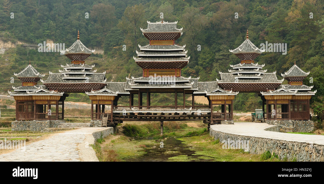 Zhaoxing - gorgeous Dong village is packed whit traditional wooden structures, several wind-and-rain bridges and remarkable drum towers, China. Guizho Stock Photo