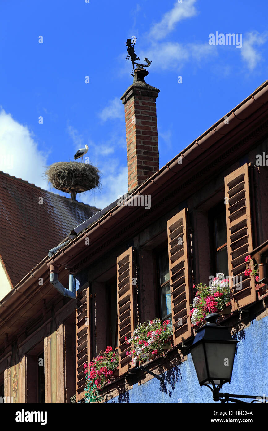 Détail de maisons avec colombages dans une rue du village.  Ribeauvillé.  F 68 Stock Photo